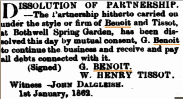 Dissolution of partnershp benoit tissot jan 1 1862